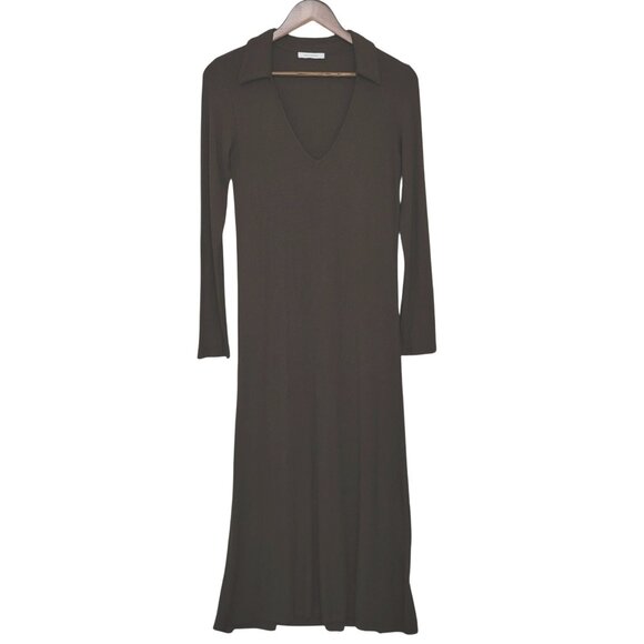 Ninety Percent Ribbed Long Sleeve Maxi Dress Collared V-Neckline Size S Brown - Picture 1 of 5